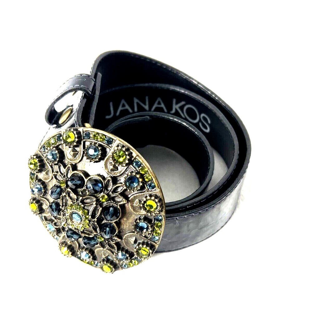 Womens Belt Black Patten Leather 35Blue Rhinestone Buckle‎ Fashion Boho Jana Kos